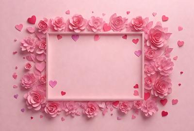 The primary subject of the image is a pink frame with hearts on it. The frame is adorned with pink flowers, creating a visually appealing and romantic scene. The setting is a pink background, which complements the frame and adds to the overall atmosphere. The visual style of the image is a combination of photo and digital art, creating a unique and eye-catching design. The colors and mood of the image are predominantly pink, which is associated with love, affection, and warmth.