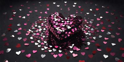 The primary subject of the image is a heart-shaped box made of pink and purple glitter. The heart is placed on a black surface, which serves as the setting or background. The visual style of the image is a combination of photo and digital art, as it appears to be a close-up of the heart-shaped box. The colors and mood of the image are predominantly pink and purple, giving it a warm and festive atmosphere.