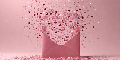 The primary subject of the image is a pink envelope with hearts on it. The envelope is placed on a pink background, which adds to the overall mood of the scene. The visual style of the image is a combination of photo and digital art, creating a unique and eye-catching presentation. The dominant colors in the image are pink and red, which evoke feelings of love and warmth.