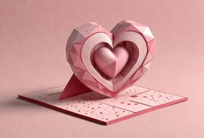 The primary subject of the image is a heart-shaped paper cutout. The heart is pink and is placed on a pink background. The visual style of the image is a combination of digital art and illustration, giving it a unique and creative appearance. The colors and mood of the image are predominantly pink, which adds a sense of warmth and love to the scene.
