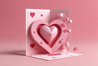 The primary subject of the image is a heart-shaped card, which is pink and made of paper. The setting is a pink background, and the visual style is a combination of digital art and illustration. The heart is the main focus of the image, and the colors are predominantly pink, creating a warm and affectionate atmosphere.