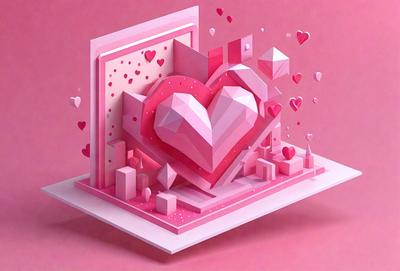 The primary subject of the image is a heart-shaped object, which is a 3D model or digital art. The heart is pink and is placed on a pink background. The visual style of the image is digital art, and the colors and mood are predominantly pink, creating a warm and romantic atmosphere.