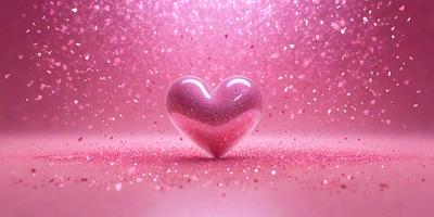 The primary subject of the image is a heart-shaped glass ornament. The heart is pink and is placed on a pink background. The visual style of the image is a close-up of the heart, showcasing its details. The colors and mood of the image are predominantly pink, creating a warm and romantic atmosphere.