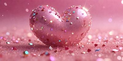 The primary subject of the image is a pink heart-shaped decoration, which is placed on a pink surface. The setting appears to be a pink background, and the visual style is a combination of a photo and digital art. The heart is adorned with glittery gold stars, adding a touch of sparkle and glamour to the overall atmosphere. The colors and mood of the image are predominantly pink, creating a warm and inviting ambiance.
