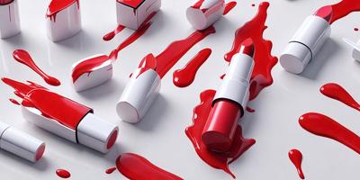 The primary subject of the image is a close-up of a red lipstick tube. The setting is a white background, and the visual style is a photo. The dominant colors are red and white, creating a bold and vibrant atmosphere.