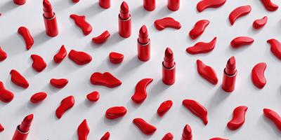 The primary subject of the image is a collection of red lipstick tubes. These lipsticks are arranged in various positions, creating a visually appealing and artistic display. The setting is a white background, which provides a clean and uncluttered backdrop for the lipsticks. The visual style of the image is a combination of photo and digital art, as the lipsticks are arranged in a way that resembles a painting or a digital illustration. The dominant colors in the image are red, which is