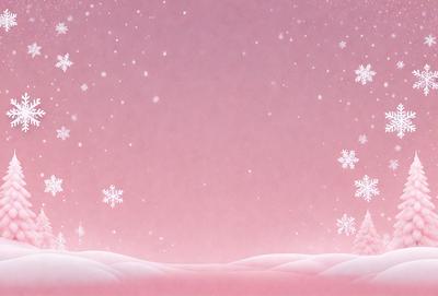 The primary subject of the image is a snowy landscape with a pink background. The setting includes a tree with snow falling around it, creating a serene and wintry atmosphere. The visual style of the image is a combination of photo and digital art, giving it a unique and artistic appearance. The dominant colors in the image are pink and white, which contribute to the overall mood of the scene.