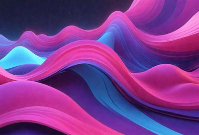 The primary subject of the image is a colorful, abstract wave pattern. The setting is a dark background, which contrasts with the vibrant colors of the wave. The visual style is a combination of digital art and illustration, creating a unique and eye-catching design. The dominant colors are pink, blue, and purple, giving the image a lively and energetic atmosphere.