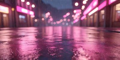 The primary subject of the image is a wet city street at night. The setting is a rainy city street with a pink glow, creating a unique atmosphere. The visual style is a combination of a photo and digital art, giving the scene a surreal and artistic appearance. The dominant colors are pink and purple, which contribute to the overall mood of the image.