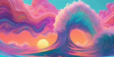 The primary subject of the image is a large, colorful wave with a pink and purple hue. The wave is depicted in a digital art style, giving it a vibrant and lively appearance. The setting is a beach, with the wave crashing onto the shore. The visual style is a mix of digital art and illustration, creating a unique and eye-catching scene. The dominant colors are pink and purple, which evoke a sense of warmth and tranquility.
