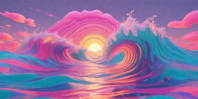 The primary subject of the image is a large wave with a sunset in the background. The wave is pink and blue, creating a vibrant and colorful scene. The setting is a beach, with the sun setting in the distance. The visual style is a combination of digital art and illustration, giving the image a unique and artistic appearance. The colors and mood of the image are lively and energetic, with the pink and blue hues evoking a sense of warmth and tranquility.