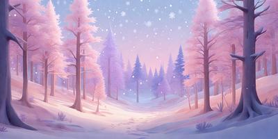 The primary subject of the image is a snowy landscape with a path leading through a forest. The setting is a wintery, snow-covered environment with trees and a sky in the background. The visual style is a digital art or illustration, creating a serene and peaceful atmosphere. The dominant colors are shades of pink, purple, and white, which contribute to the overall mood of the scene.