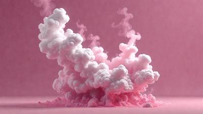 The primary subject of the image is a large, pink cloud with smoke coming out of it. The cloud is floating in a pink background, giving the scene a surreal and dreamy atmosphere. The visual style of the image is a combination of photo and digital art, creating a unique and artistic representation of the cloud. The colors and mood of the image are predominantly pink, which adds to the overall whimsical and imaginative feel of the scene.