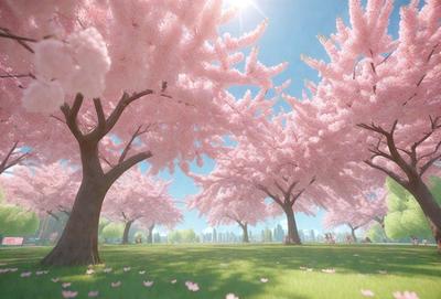 The primary subject of the image is a lush, pink tree filled with blossoms. The tree is surrounded by other trees, creating a serene and picturesque scene. The setting appears to be a park or a similar outdoor location. The visual style of the image is a combination of photo and digital art, giving it a realistic yet artistic appearance. The dominant colors in the image are pink and green, creating a warm and inviting atmosphere.