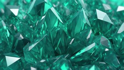 The primary subject of the image is a large cluster of green crystals, possibly a collection of gemstones or a decorative arrangement. The setting is a close-up view of the crystals, showcasing their intricate details and vibrant colors. The visual style is a combination of a photo and digital art, as the image appears to be a close-up of the crystals, but the colors and details are enhanced through digital manipulation. The overall atmosphere is one of beauty and elegance, as