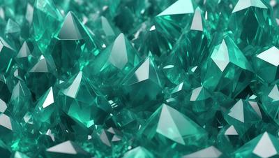 The primary subject of the image is a large, colorful cluster of crystals. The setting is a vibrant, aqua-colored background, which complements the crystals' vivid hues. The visual style is a combination of photo and digital art, creating a unique and eye-catching display. The colors and mood of the image are lively and energetic, with the crystals' bright colors and the aqua background creating a sense of depth and dimension.