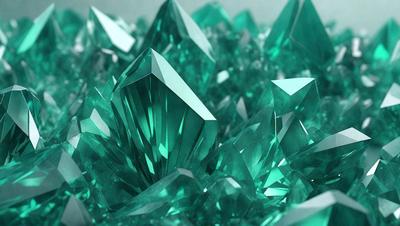 The primary subject of the image is a large cluster of green crystals, possibly a collection of gemstones or a piece of art. The setting is a white background, which provides a clean and minimalist look to the scene. The visual style appears to be a combination of photo and digital art, as the crystals are displayed in a way that resembles a photograph but also has a touch of digital artistry. The colors and mood of the image are predominantly green, which gives the scene a serene and