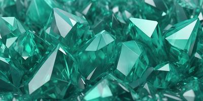 The primary subject of the image is a large collection of green crystals, which are arranged in a visually appealing manner. The setting is a green background, which complements the vibrant colors of the crystals. The visual style of the image is a combination of photo and digital art, creating a unique and eye-catching display. The dominant colors in the image are green and blue, giving the scene a fresh and lively atmosphere.