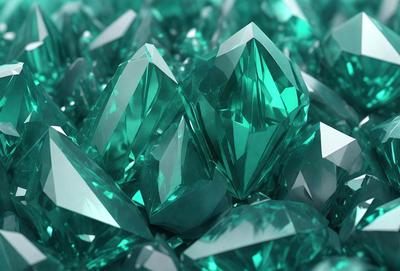 The primary subject of the image is a large pile of green crystals, which are arranged in a visually appealing manner. The setting is a green background, which complements the vibrant colors of the crystals. The visual style of the image is a combination of photo and digital art, creating a unique and eye-catching display. The dominant colors in the image are green and blue, giving the scene a fresh and lively atmosphere.