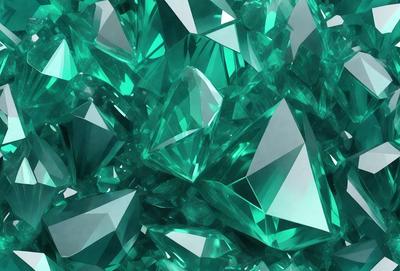 The primary subject of the image is a large cluster of green crystals, which are arranged in a visually appealing manner. The setting is a green background, which complements the vibrant colors of the crystals. The visual style of the image is a combination of photo and digital art, creating a unique and eye-catching display. The dominant colors in the image are green and white, giving the scene a fresh and lively atmosphere.