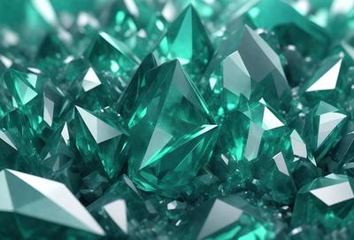 The primary subject of the image is a large collection of green crystals, which are arranged in a visually appealing manner. The setting is a green background, which complements the vibrant colors of the crystals. The visual style of the image is a combination of photo and digital art, creating a unique and eye-catching display. The dominant colors in the image are green and blue, giving the scene a serene and calming atmosphere.