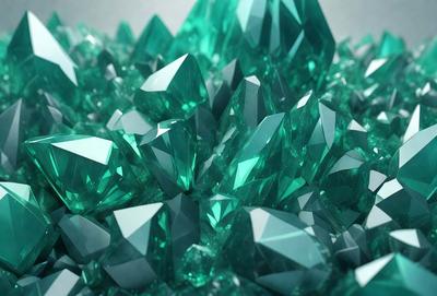 The primary subject of the image is a large, colorful cluster of green crystals. The setting is a white background, which provides a clean and contrasting backdrop for the vibrant green crystals. The visual style of the image is a combination of photo and digital art, creating a unique and eye-catching display. The dominant colors in the image are green and white, giving the scene a fresh and lively atmosphere.
