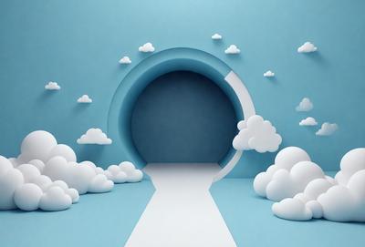 The primary subject of the image is a tunnel with a blue background. The tunnel appears to be a part of a larger scene, possibly a painting or digital artwork. The visual style of the image is digital art, as it features a tunnel with clouds and a blue background. The colors and mood of the image are predominantly blue, creating a calm and serene atmosphere.