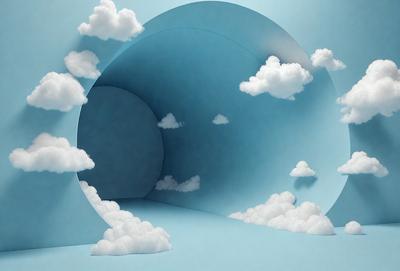 The primary subject of the image is a large, round, blue wall with a tunnel-like structure. The setting is a blue room with a cloudy sky visible through the tunnel. The visual style is a combination of photo and digital art, creating a unique and artistic representation of the scene. The dominant colors are blue and white, giving the image a calm and serene atmosphere.