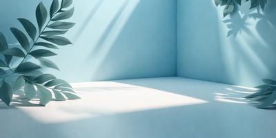 The primary subject of the image is a wall with a blue background. The setting is a room with a white surface, and the visual style is a photo. The dominant colors are blue and white, creating a calm and serene atmosphere.