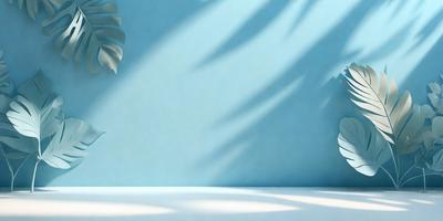 The primary subject of the image is a wall with a blue background. The setting is a room with a blue wall, and the visual style is a photo. The colors and mood of the image are predominantly blue, creating a calm and serene atmosphere.