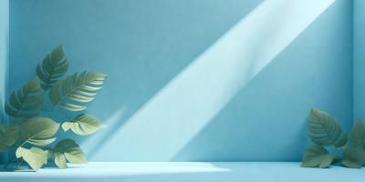 The primary subject of the image is a large green leaf, which is prominently displayed in the foreground. The setting is a blue wall, which serves as the background for the leaf. The visual style of the image is a photo, capturing the leaf in its natural environment. The colors in the image are predominantly green, with the leaf being the most prominent color. The overall atmosphere of the image is serene and natural, with the leaf being the focal point of the scene.