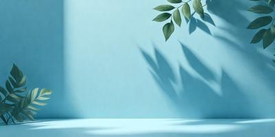 The primary subject of the image is a leafy plant, which is placed on a blue wall. The setting is a room with a blue background, and the visual style appears to be a photo. The colors in the image are predominantly blue, creating a calm and serene atmosphere.