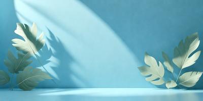 The primary subject of the image is a leafy plant, which is the main focus of the scene. The plant is placed on a blue surface, which serves as the background. The visual style of the image is a photo, capturing the natural beauty of the plant. The colors in the image are predominantly blue and green, creating a calm and serene atmosphere.