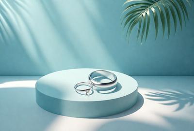 The primary subject of the image is a table with two rings on it. The setting is a white table, and the visual style appears to be a photo. The colors in the image are predominantly white, which gives the scene a clean and minimalist appearance.