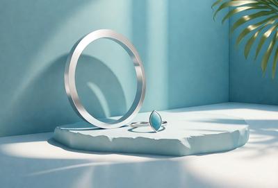 The primary subject of the image is a ring placed on a table. The setting is a blue wall, which serves as the backdrop for the scene. The visual style is a photo, capturing the ring and its surroundings. The colors in the image are predominantly blue, creating a calm and serene atmosphere.