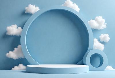 The primary subject of the image is a blue, circular object with a cloudy background. The setting is a blue sky, and the visual style appears to be a combination of photo and digital art. The colors are predominantly blue, and the overall atmosphere is calm and serene.