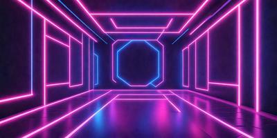 The primary subject of the image is a brightly colored tunnel with a purple and pink neon lighting. The setting is a dark room, and the visual style appears to be a digital art or illustration. The dominant colors and overall atmosphere are vibrant and energetic, creating a sense of excitement and movement.