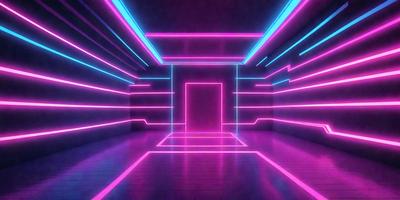 The primary subject of the image is a room with a door, which is illuminated by neon lights. The setting is a futuristic environment, possibly a space station or a futuristic room. The visual style is a combination of digital art and illustration, creating a vibrant and colorful atmosphere. The dominant colors are pink and purple, giving the room a unique and eye-catching appearance.