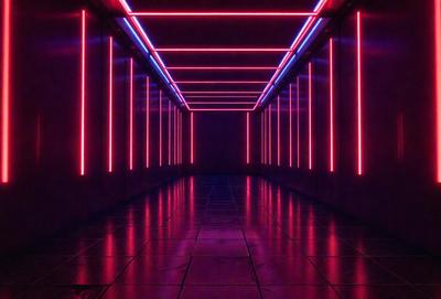 The primary subject of the image is a long, narrow hallway with a purple glow. The setting is a dark room with a red glow, creating a contrasting atmosphere. The visual style appears to be a digital art or illustration, as the hallway is depicted with a unique and artistic design. The colors and mood of the image are predominantly purple and red, giving it a mysterious and captivating appearance.