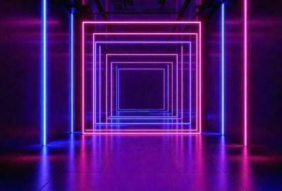The primary subject of the image is a purple and pink neon light tunnel. The setting is a dark room with a purple and pink neon light tunnel that is illuminated. The visual style is a digital art or illustration, creating a futuristic and surreal atmosphere. The dominant colors are purple and pink, which create a unique and vibrant mood.