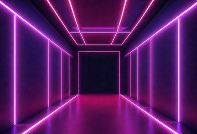 The primary subject of the image is a hallway with a purple glow. The setting is a dark room with a purple light illuminating the hallway. The visual style is a digital art or illustration, creating a futuristic and surreal atmosphere. The colors and mood are predominantly purple, giving the scene a unique and striking appearance.