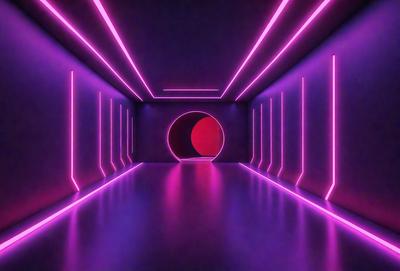 The primary subject of the image is a large, round, pink tunnel. The tunnel is illuminated with pink neon lights, creating a unique and visually striking scene. The setting is a dark room, with the tunnel being the main focus of the image. The visual style is a combination of a photo and digital art, as the tunnel appears to be a part of a larger, digital artwork. The colors and mood of the image are predominantly pink, giving it a vibrant and energetic