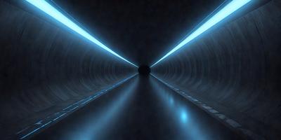 The primary subject of the image is a long, dark tunnel with a blue light illuminating it. The setting is a dark, enclosed space, and the visual style appears to be a photo. The dominant colors are blue and black, creating a moody atmosphere.