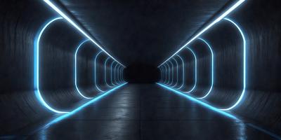The primary subject of the image is a long, narrow tunnel with a blue light illuminating it. The setting is a dark, underground environment, and the visual style appears to be a digital art or illustration. The dominant colors are blue and black, creating a moody atmosphere.