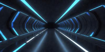 The primary subject of the image is a long, dark tunnel with a blue light illuminating it. The setting is a black tunnel, and the visual style is a photo. The dominant colors are blue and black, creating a moody atmosphere.