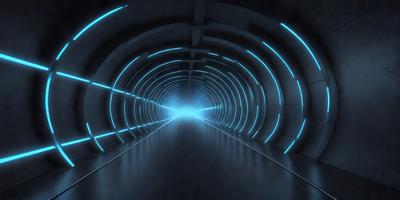 The primary subject of the image is a tunnel with a blue light illuminating it. The setting is a dark tunnel, and the visual style is a digital art or illustration. The dominant colors are blue and black, creating a moody atmosphere.