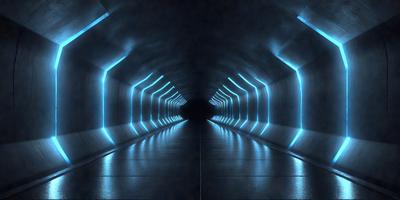 The primary subject of the image is a long, narrow tunnel with a blue light illuminating it. The tunnel appears to be made of concrete and has a futuristic, high-tech atmosphere. The setting is a dark, enclosed space, and the visual style is a combination of a photo and digital art. The dominant colors are blue and black, creating a sense of depth and mystery in the scene.