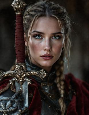 The primary subject of the image is a woman wearing a medieval-style outfit, which includes a chainmail shirt and a sword. She is posing for the camera, showcasing her attire and the weapon. The setting appears to be a dark room, which adds to the dramatic atmosphere of the scene. The visual style of the image is a combination of digital art and illustration, creating a unique and captivating portrait of the woman. The colors in the image are predominantly dark, with the woman'