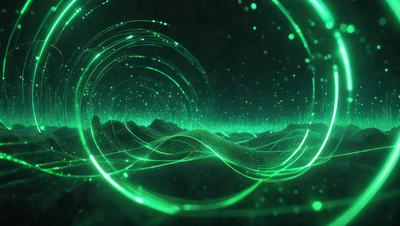 The primary subject of the image is a green spiral pattern, which appears to be a digital art or illustration. The setting is a dark background, and the visual style is a combination of a photo and digital art. The dominant colors are green and black, creating a mood of mystery and intrigue.