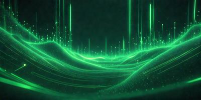 The primary subject of the image is a green, glowing, and colorful pattern. The setting is a dark background, which contrasts with the vibrant colors of the pattern. The visual style appears to be a combination of digital art and illustration, creating a unique and captivating scene. The colors and mood of the image are predominantly green, with a sense of energy and movement, as the pattern seems to be in motion.